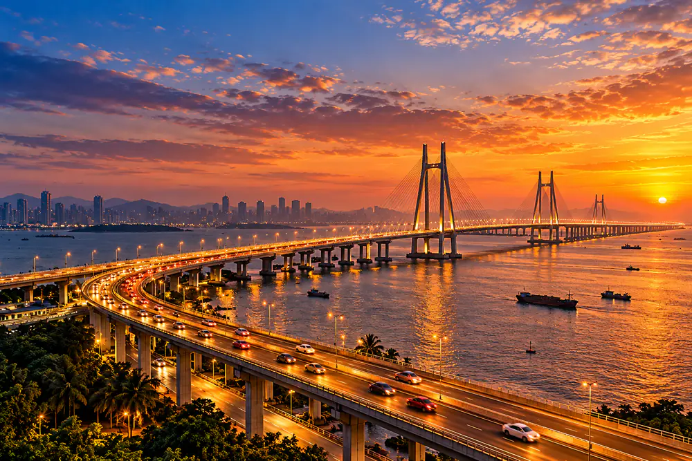 Sea bridge crossing the harbour at sunset