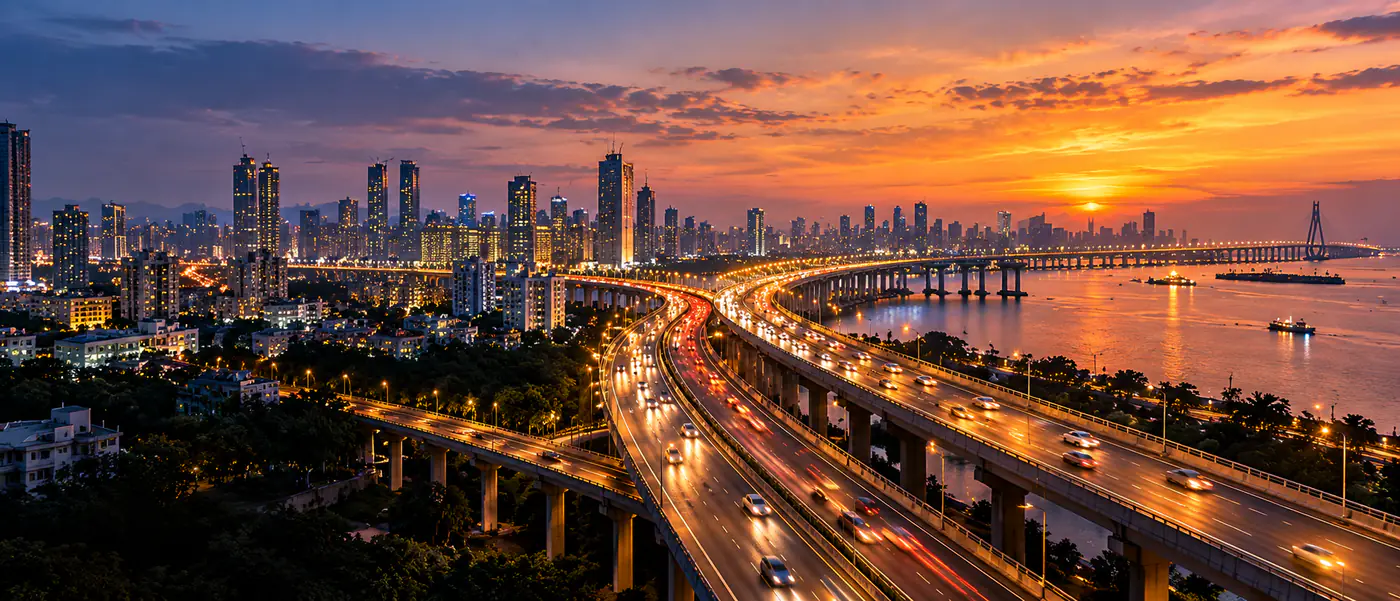 Elevated expressway with evening traffic and the city skyline