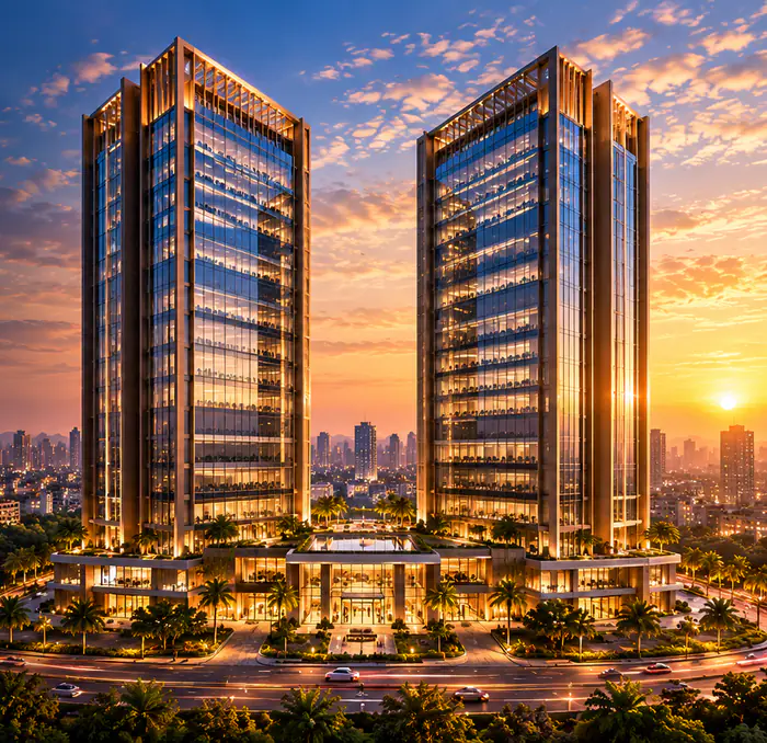 Artist's impression of the twin towers lit up at dusk