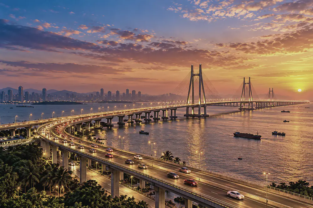 Sea bridge crossing the harbour at sunset