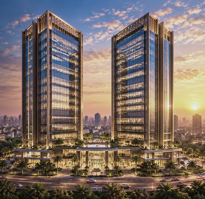Artist's impression of the twin commercial towers lit up at dusk
