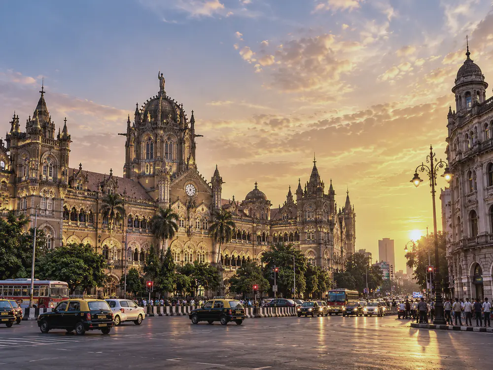 South Mumbai heritage commercial district at sunset