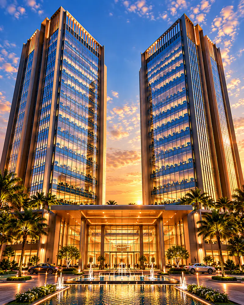 Artist's impression of the twin towers and the main entrance with water features