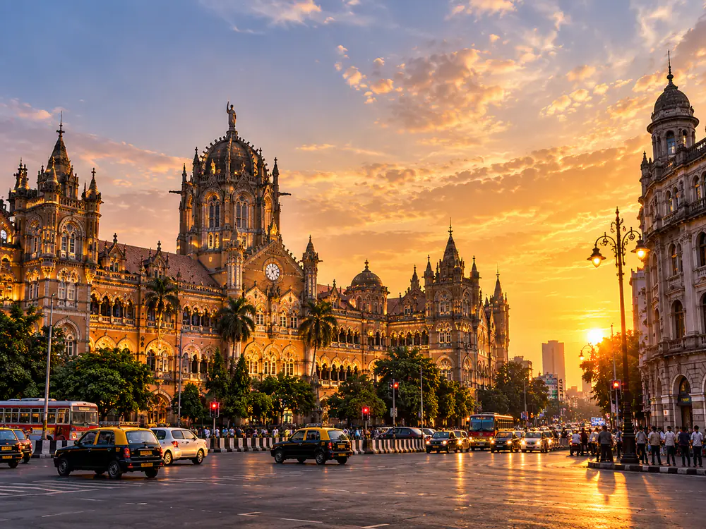 Chhatrapati Shivaji Maharaj Terminus and the surrounding commercial district at sunset